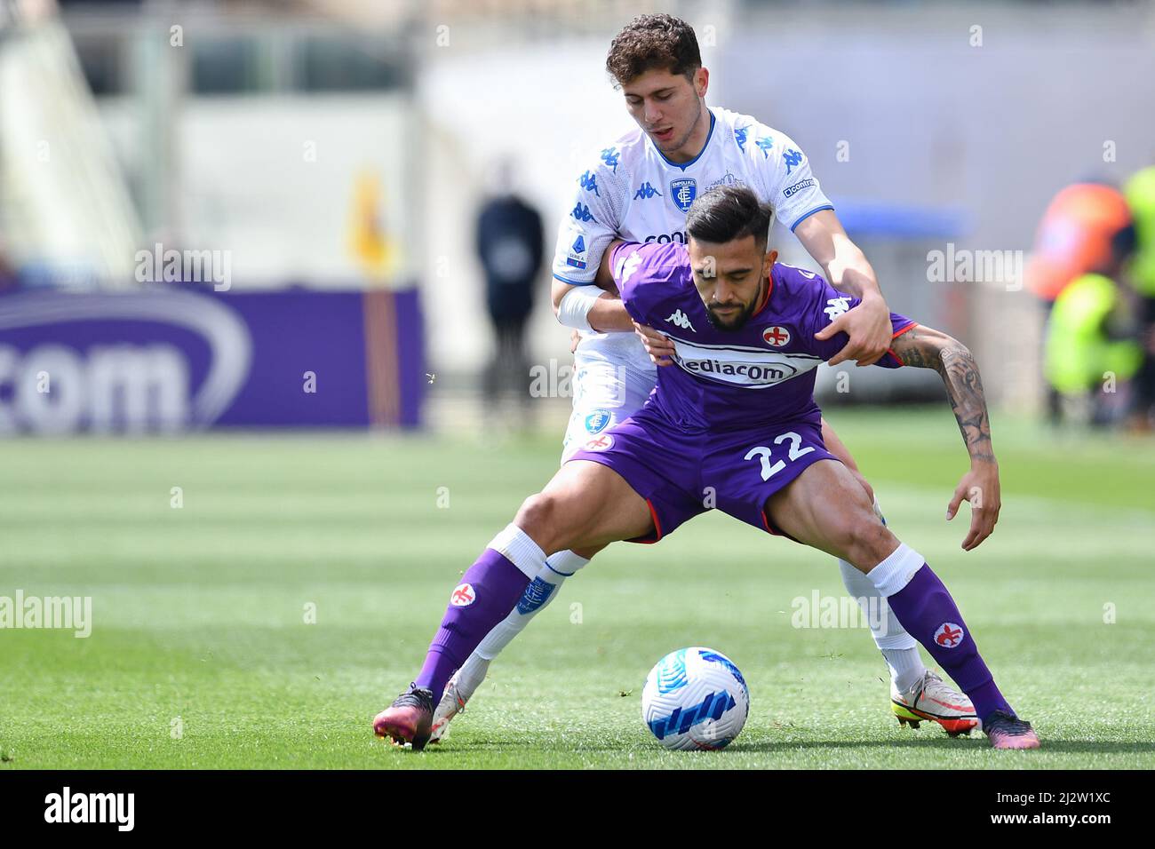 Florence, Italy. 03rd Apr, 2022. Nicolas Gonzalez (ACF Fiorentina)  celebrates after scoring a goal during ACF Fiorentina vs Empoli FC, italian  soccer Serie A match in Florence, Italy, April 03 2022 Credit