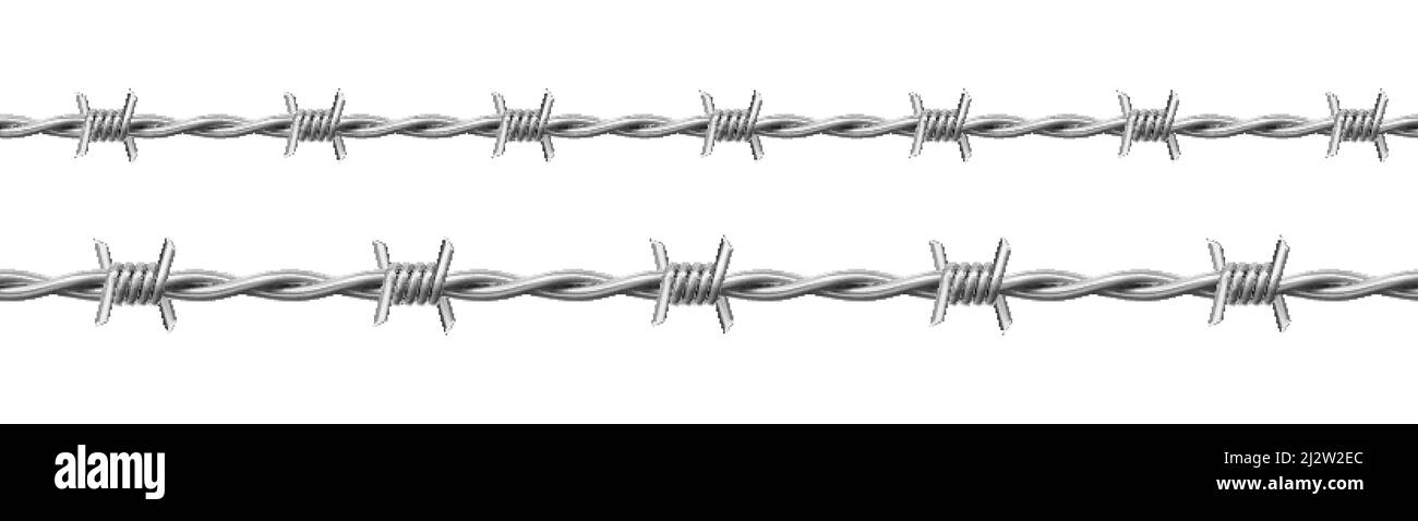 Steel barbwire set, twisted wire with barbs isolated on white background. Vector realistic seamless frame of metal chain with sharp thorns for prison Stock Vector