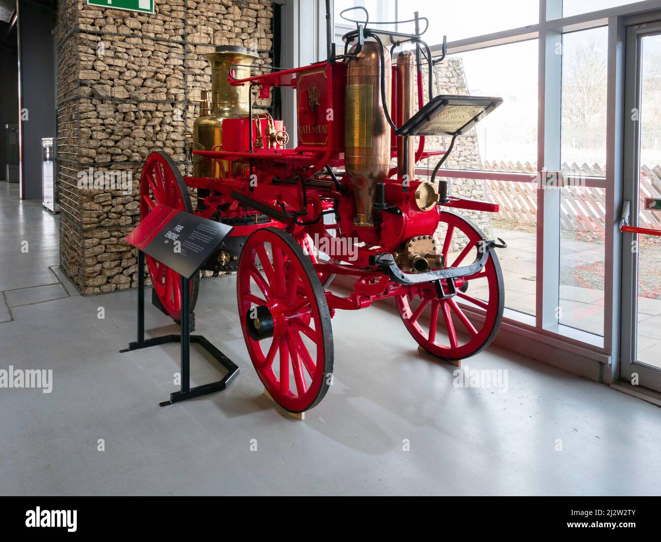 A horse drawn Fire engine for extinguishing fires built by Merryweather in 1880 for Gateshead council displayed at NRM Shildon Stock Photo