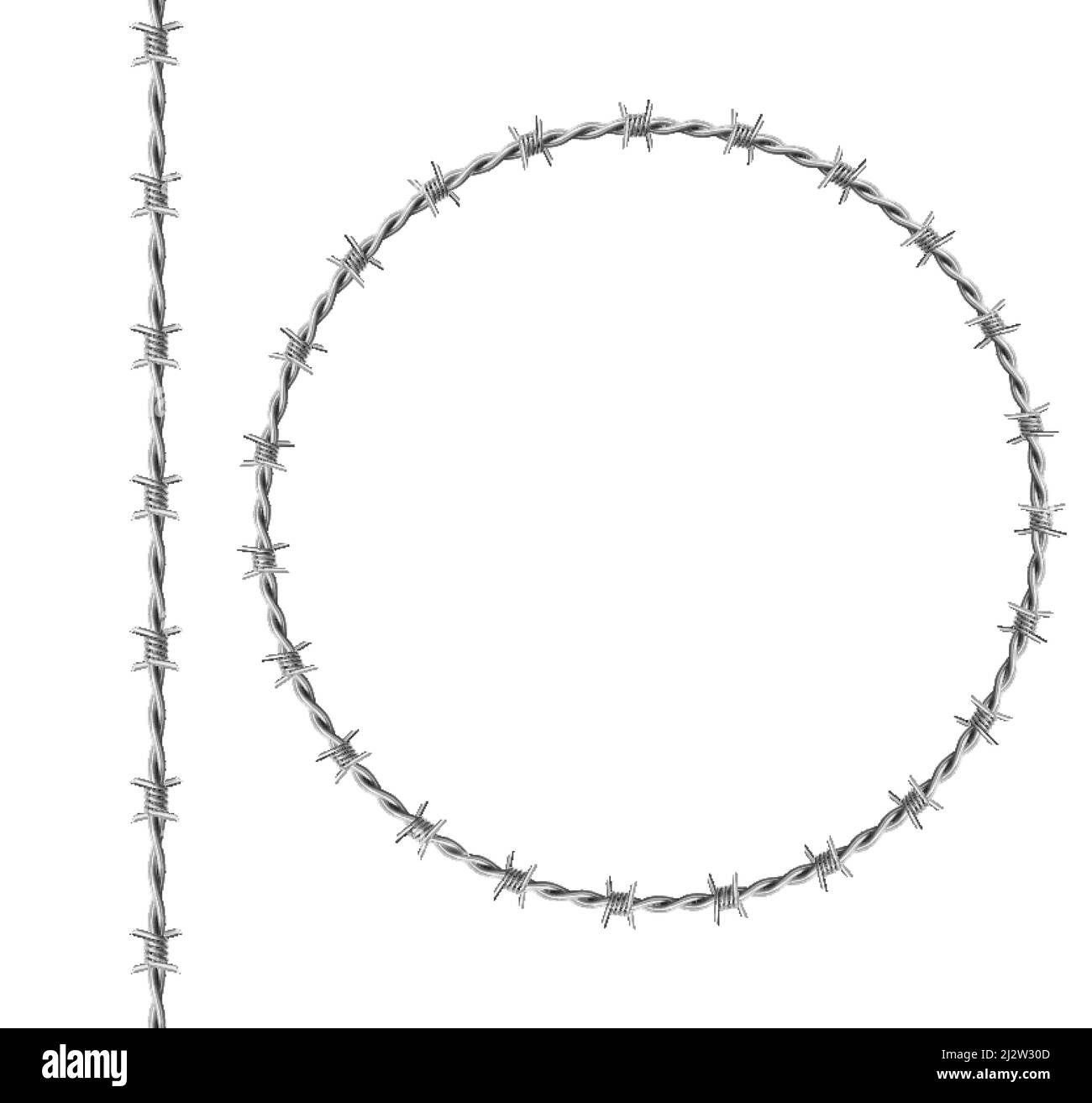 Steel barbwire set, circle frame from twisted wire with barbs isolated on white background. Vector realistic seamless border of metal chain with sharp Stock Vector