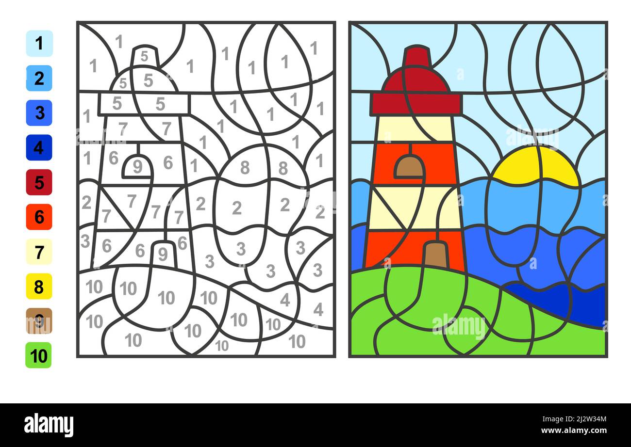 Color by numbers summer vacation. Puzzle game for children education