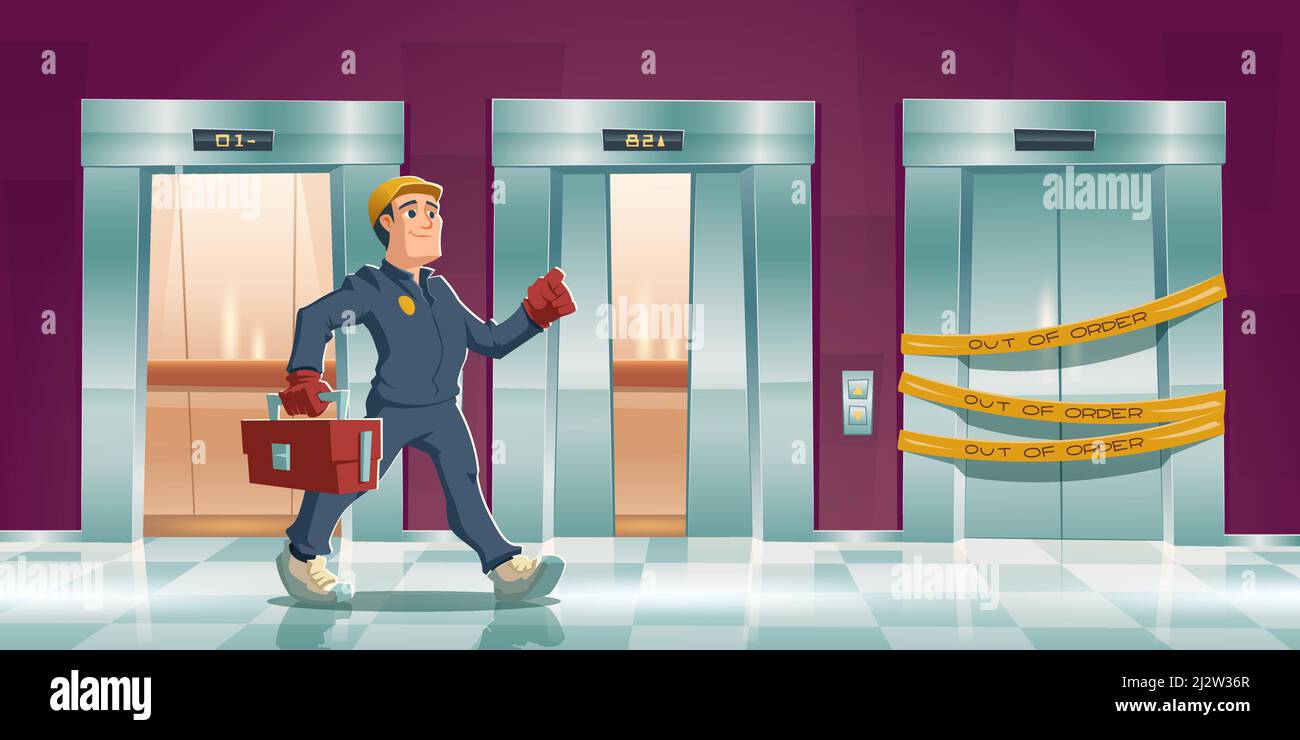 Repair man and out of order elevator with yellow stripes in house or office hallway. Vector cartoon corridor with open lift doors and mechanic with to Stock Vector