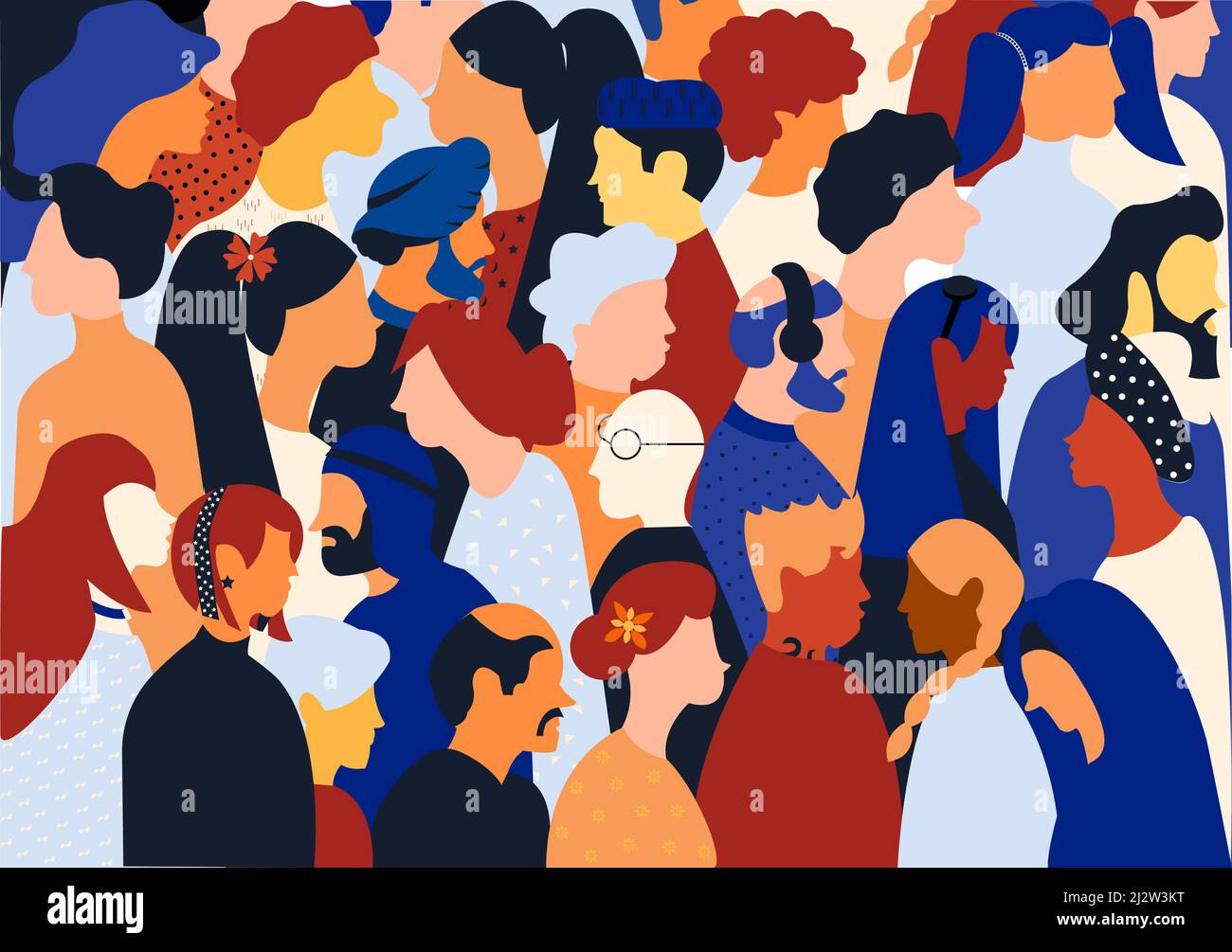Flat illustration of a crowd containing inclusive and diversified people all together without any difference. Stock Vector