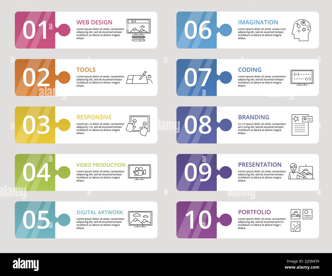Infographic Web Design icons vector illustration. 10 colored steps info ...
