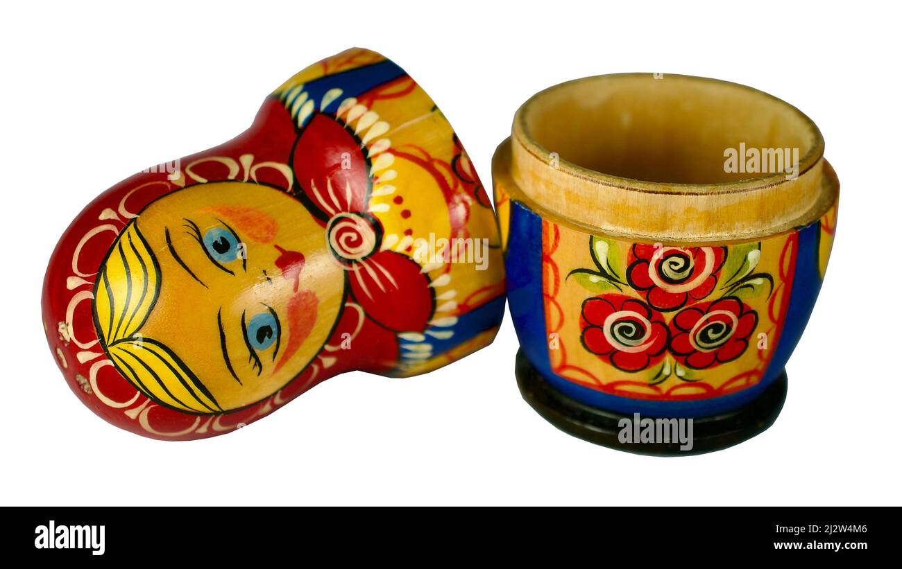 Matryoshka doll produced for tourism and promotional purposes in Russia. The only matryoshka doll. Russian culture local souvenir doll. Stock Photo