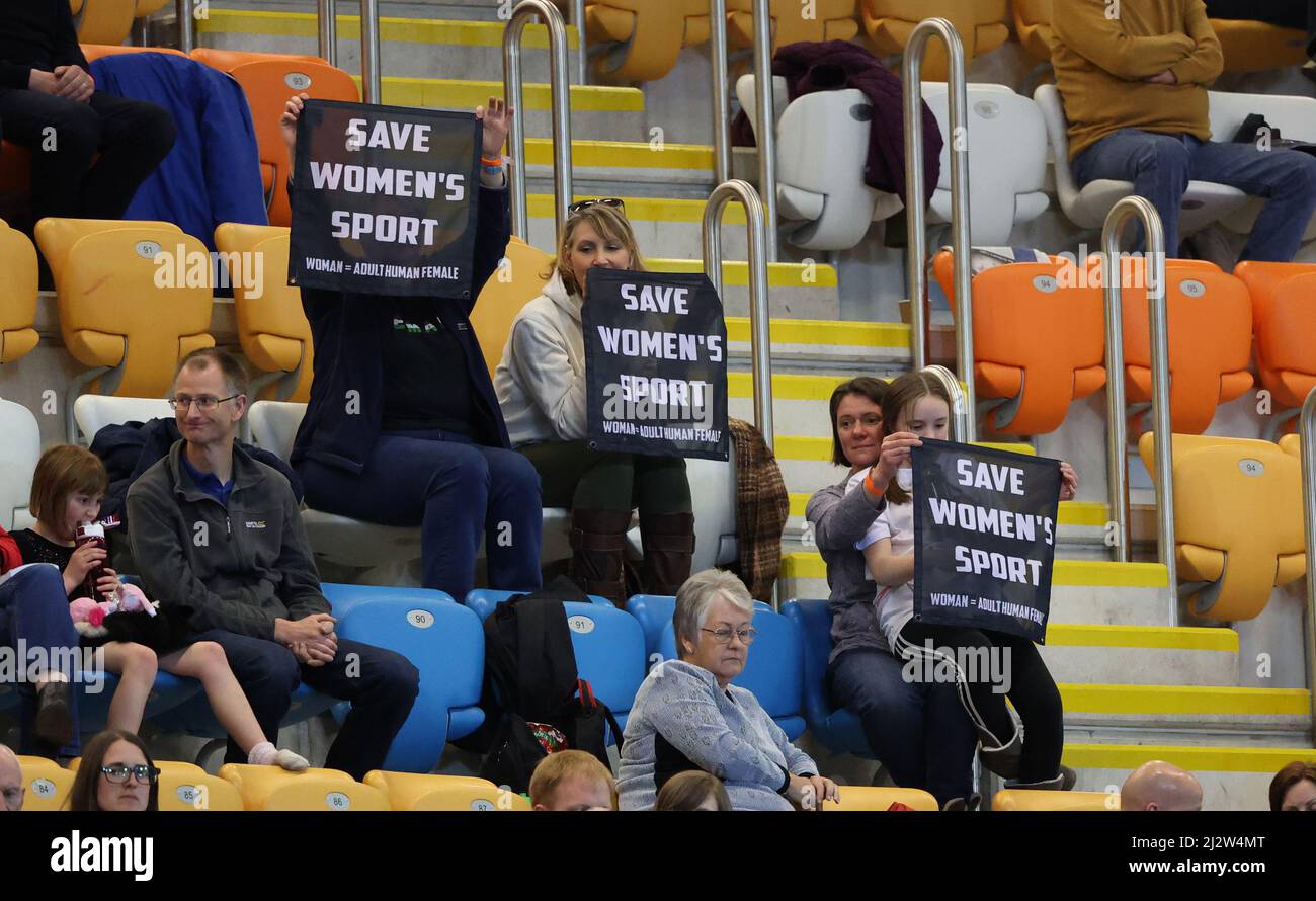 Derby, UK. 02nd Apr, 2022. Ladies holding 'Save Women's Sport' banners after Emily Bridges was not allowed to compete in the National Omnium Championships at the Derby Arena Velodrome. Credit: Paul Marriott/Alamy Live News Stock Photo