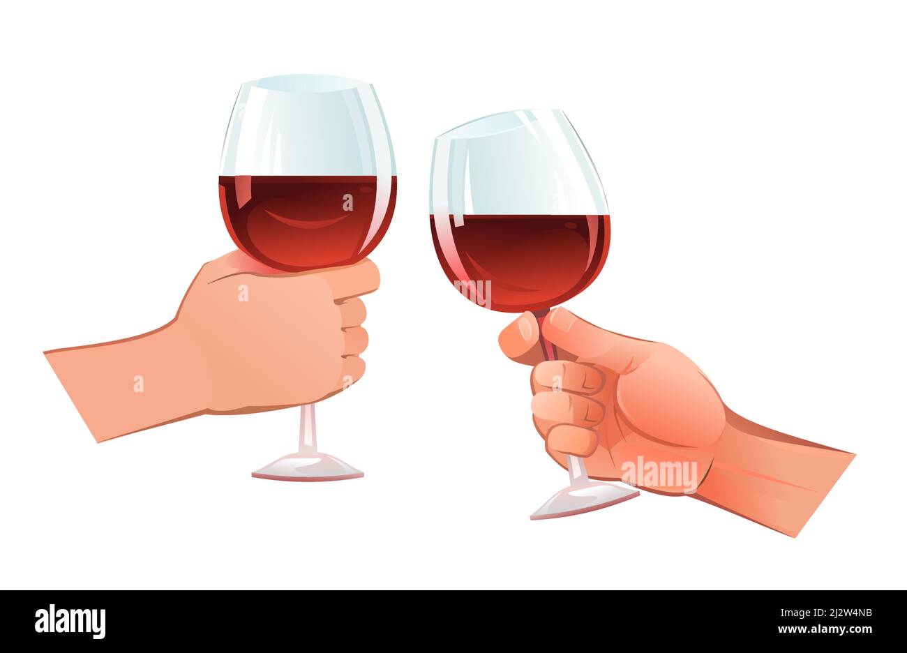 Hands with clinking red wine glasses. Object isolated on white background. Funny cartoon style. Vector. Stock Vector