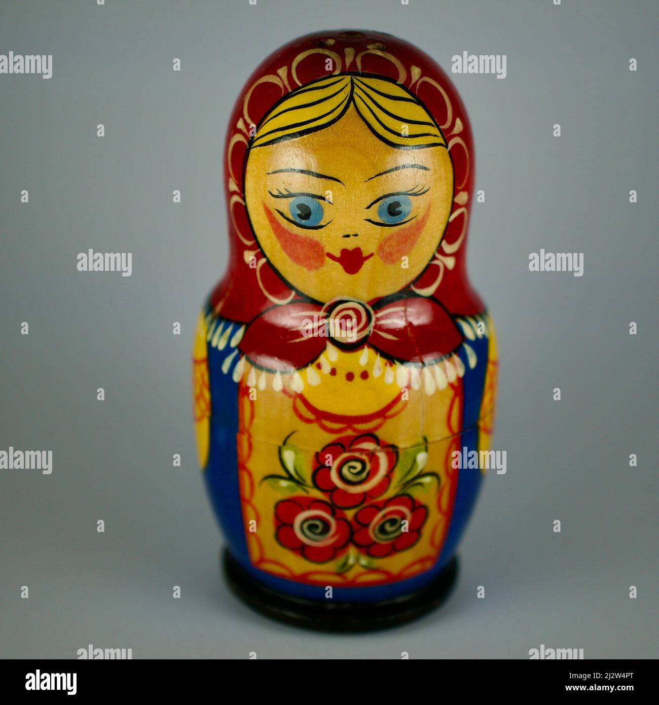 Matryoshka doll produced for tourism and promotional purposes in Russia. The only matryoshka doll. Russian culture local souvenir doll. Stock Photo