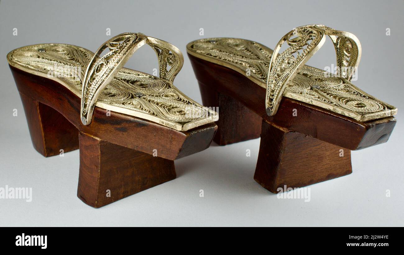 Silver decorated high slippers used in the hot baths of the Ottomans and Turks. Clog. Gift, cultural object. Dowry item decorated with precious silver Stock Photo