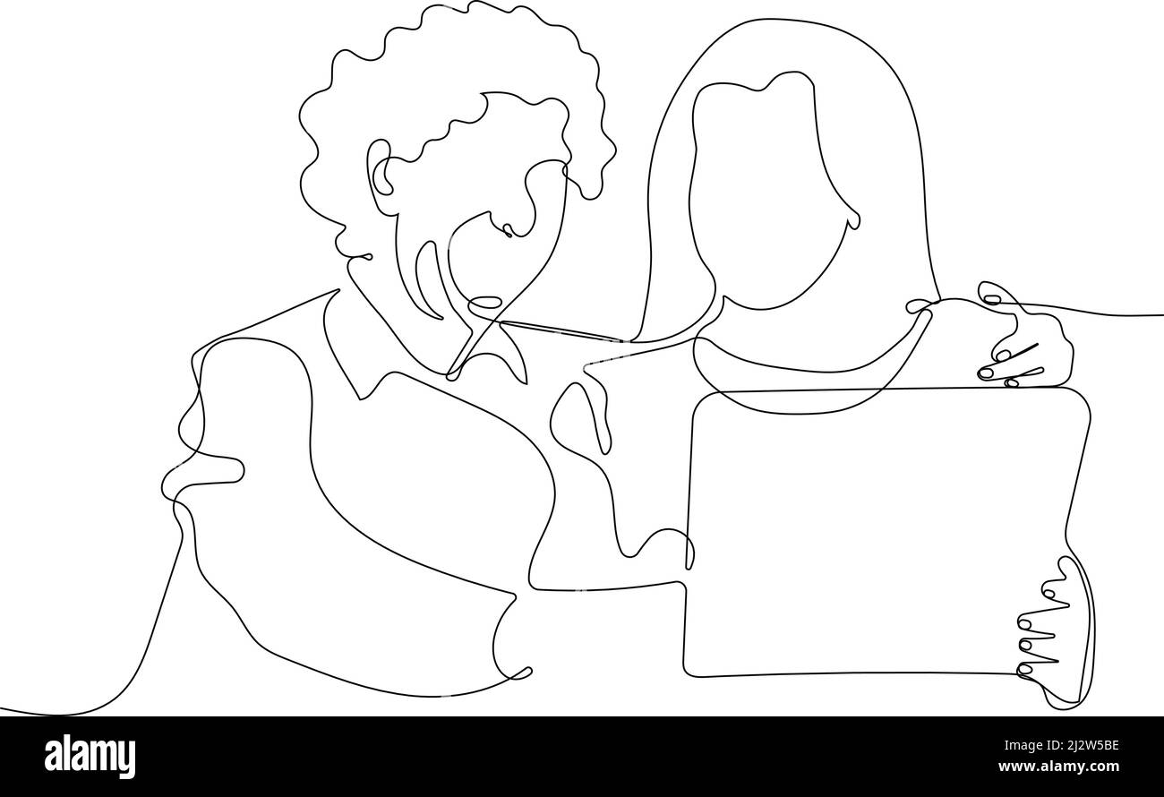 Adult daughter helps elderly mother with notebook Stock Vector