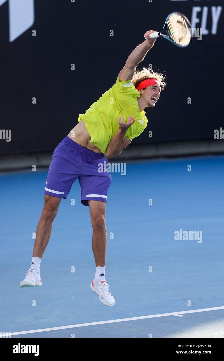 German tennis player Alexander Zverev serving at Australian Open 2022 tournament, Melbourne Park, Melbourne, Victoria, Australia Stock Photo