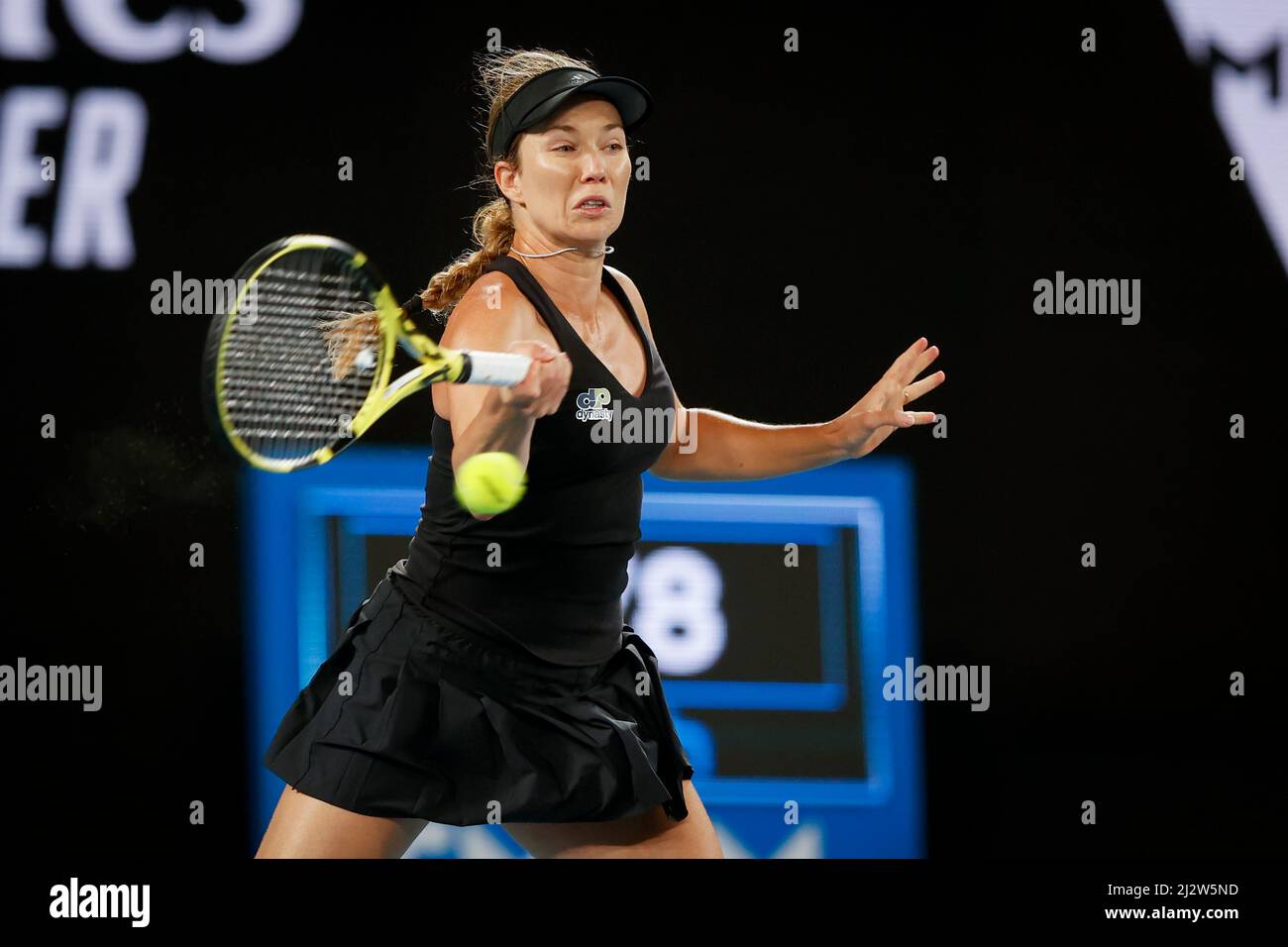 American tennis player Danielle Collins playing a forehand shot at Australian Open 2022