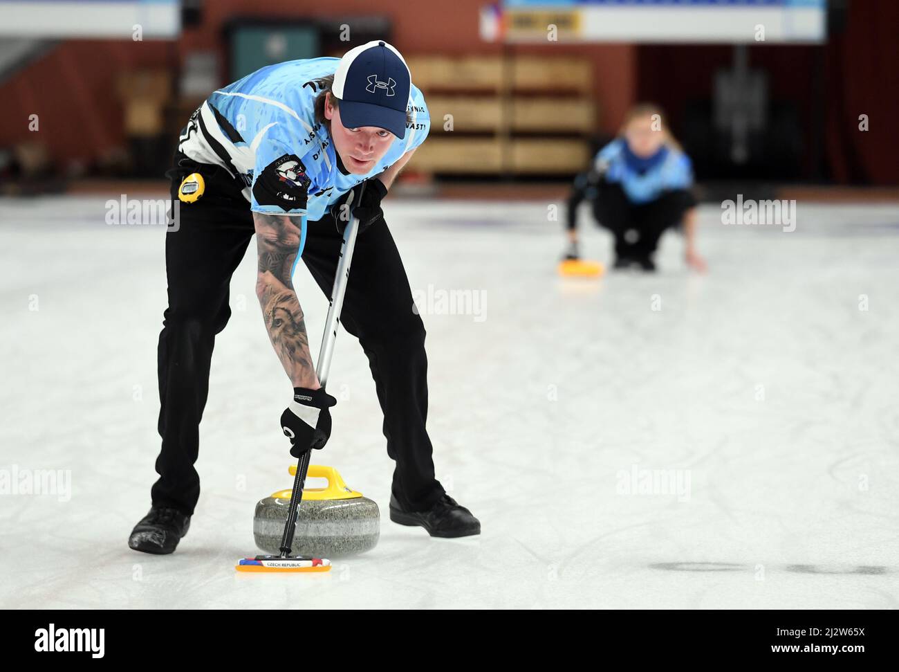 Prague, Czech Republic. 01st Apr, 2022. Czech Jaroslav Vedral in action during the curling WCT Mixed Doubles Prague Trophy 2022, Czech Republic, April 1st, 2022. Credit: Katerina Sulova/CTK Photo/Alamy Live News Stock Photo