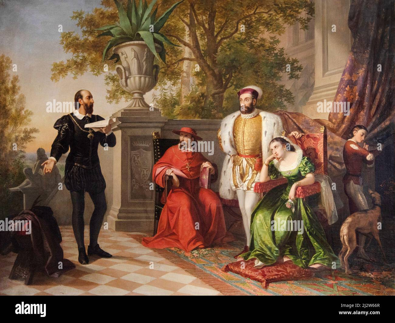 Ludovico Ariosto reads the Furous Orlando in the presence of the Este court   - ooil on canvas  - Massimiliano Lodi - 1860 - Ferrara, Casa Romei, Muse Stock Photo