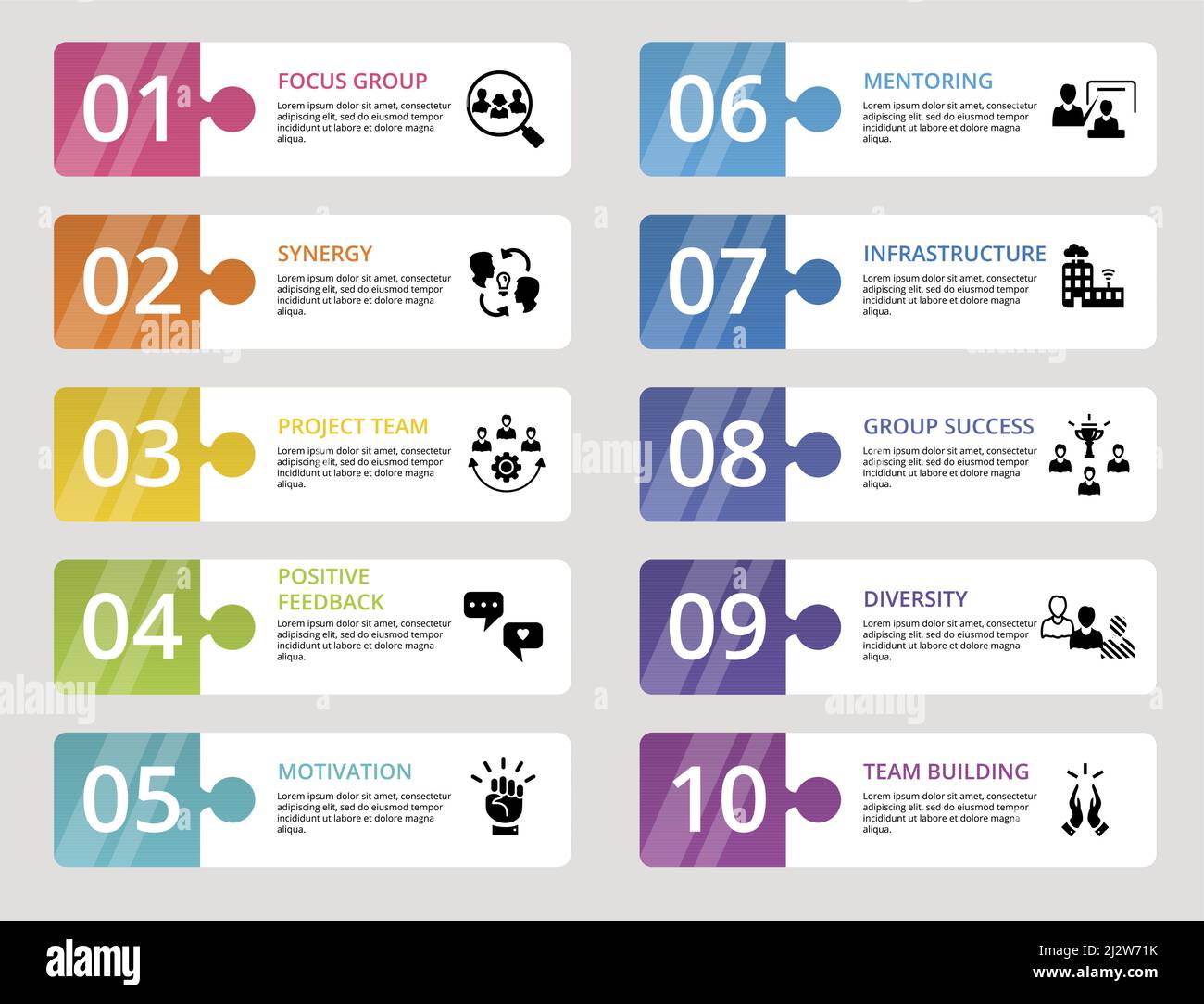 Infographic Team Building icons vector illustration. 10 colored steps ...