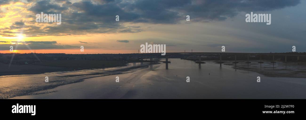 View of the River Orwell from a drone at sunset in Suffolk, UK Stock Photo