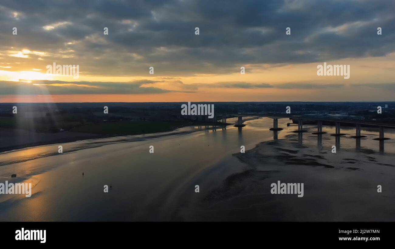 View of the River Orwell from a drone at sunset in Suffolk, UK Stock Photo
