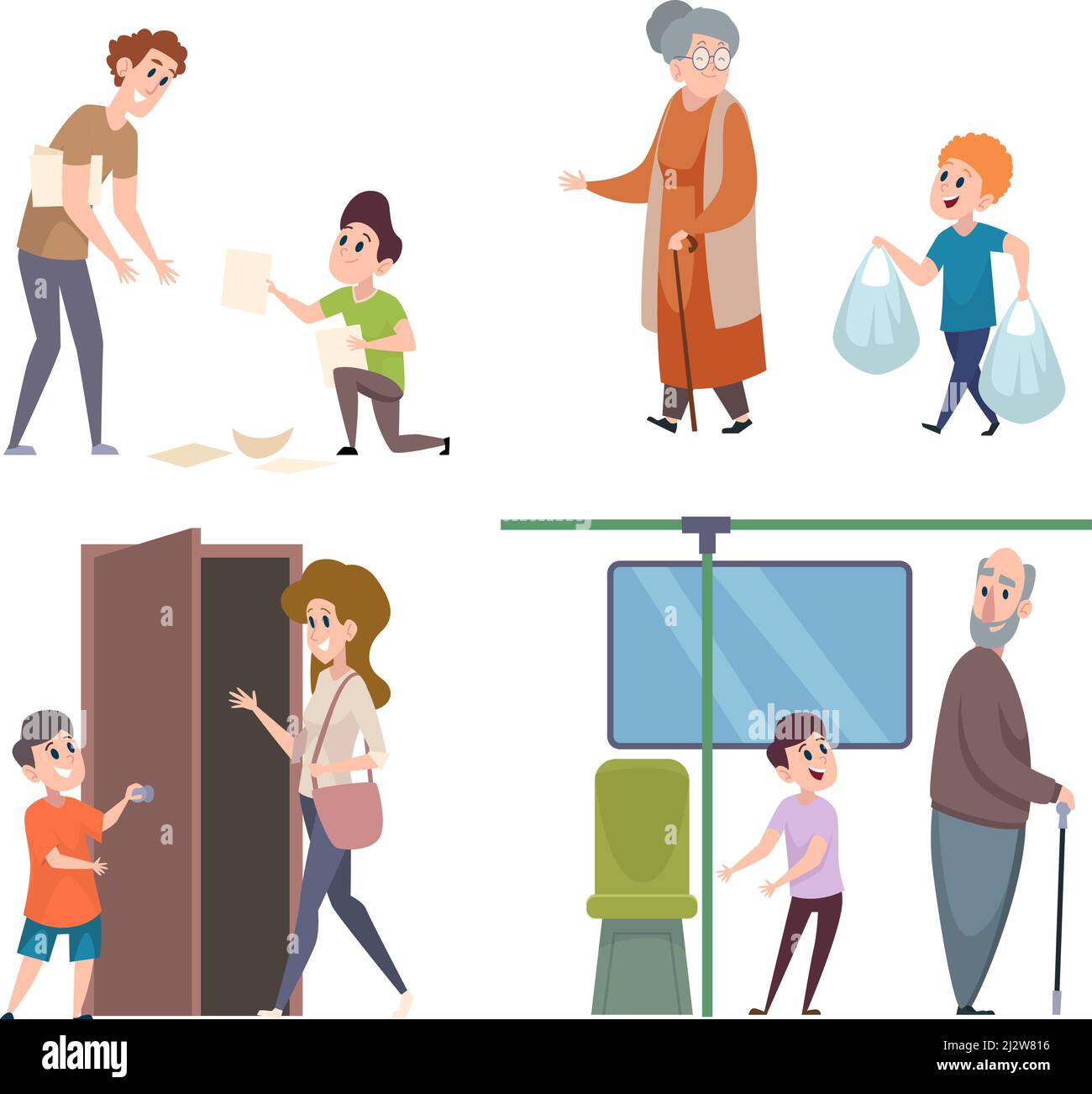 Kids good manners. Thank characters polite people kids give way to elderly exact vector illustrations set isolated Stock Vector