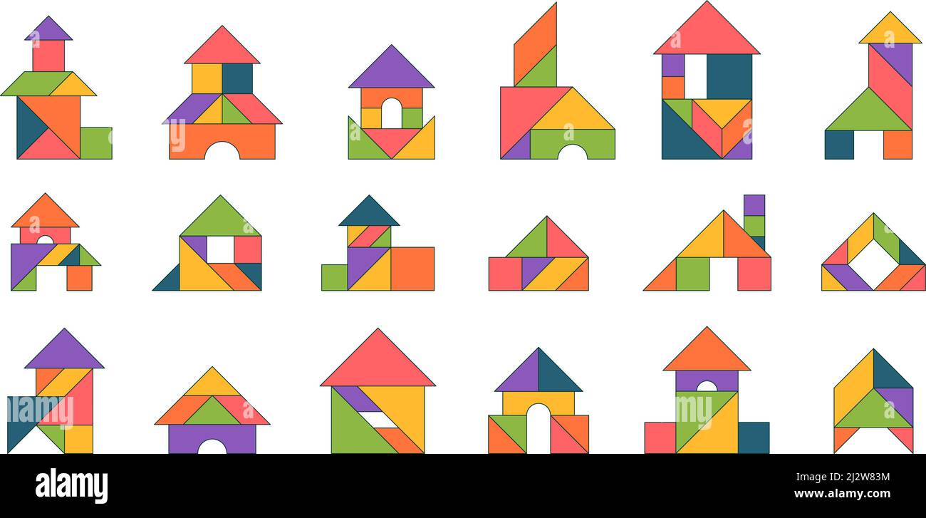 Tangram buildings. Geometrical jigsaw for kids logical puzzles houses from triangles garish vector colored templates Stock Vector