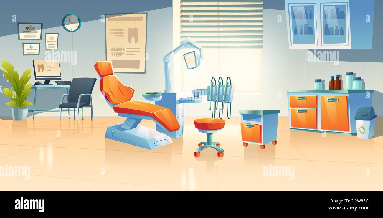 Dentist stomatology room in clinic or hospital. Vector cartoon interior of empty dental