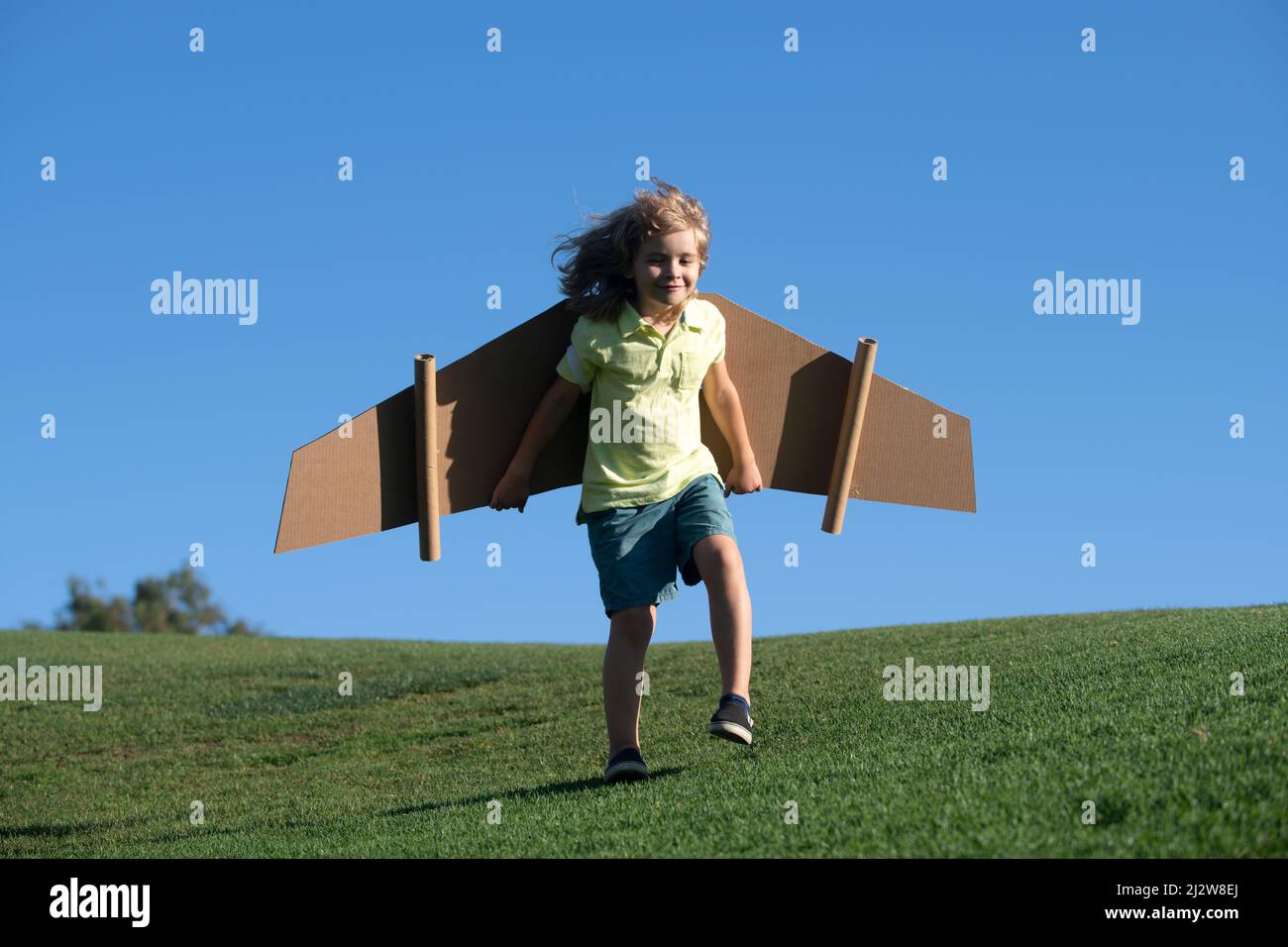 Kid boy playing with cardboard wings. Child in summer field. Kids