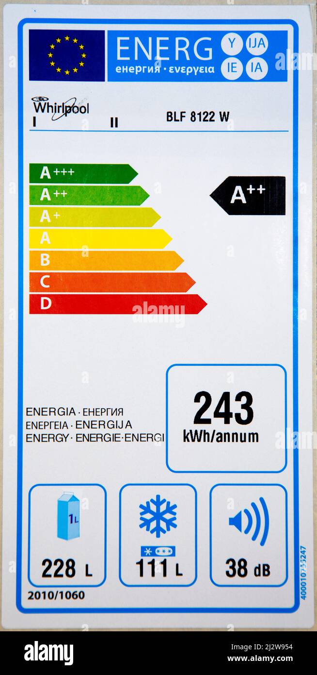 Netherlands, energy label in Europe shows the year electricity consumation, the noice and the content of a refridgerator with a freezer. Stock Photo