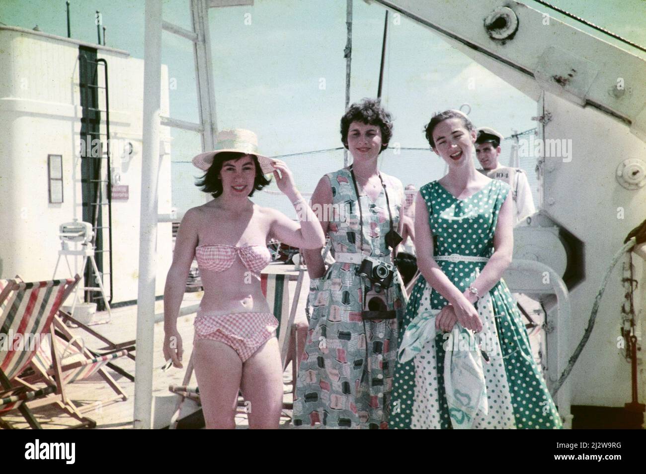 Three British woman teachers on  SS Iberia P&O ship, voyage to Trinidad c 1961 Stock Photo