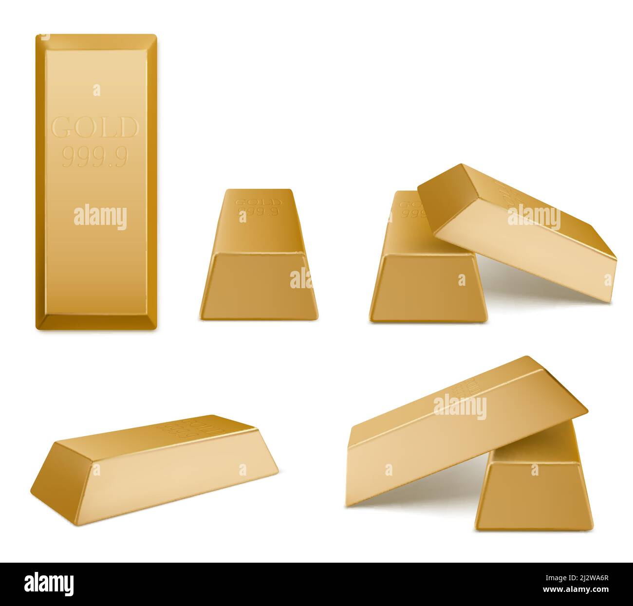Gold bars, vector golden bricks, yellow precious metal bullion blocks
