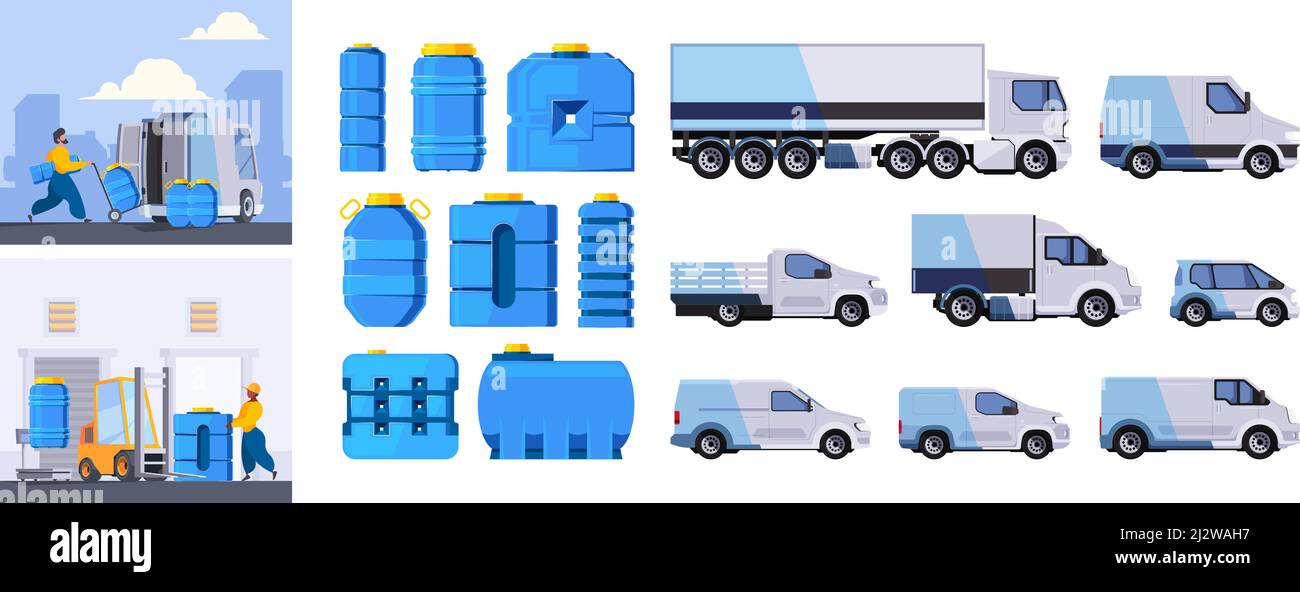 Water delivery. Liquids tanks for water cooler garish vector healthy concept illustrations Stock