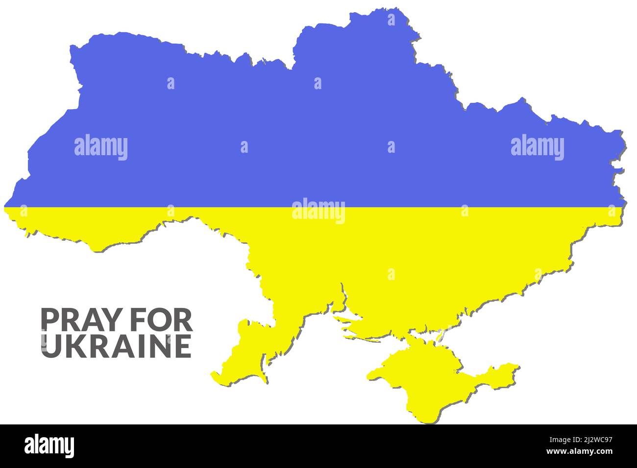 Slogan PRAY FOR UKRAINE and the map of Ukraine. The map in the color of the flag blue and yellow. Stock Photo