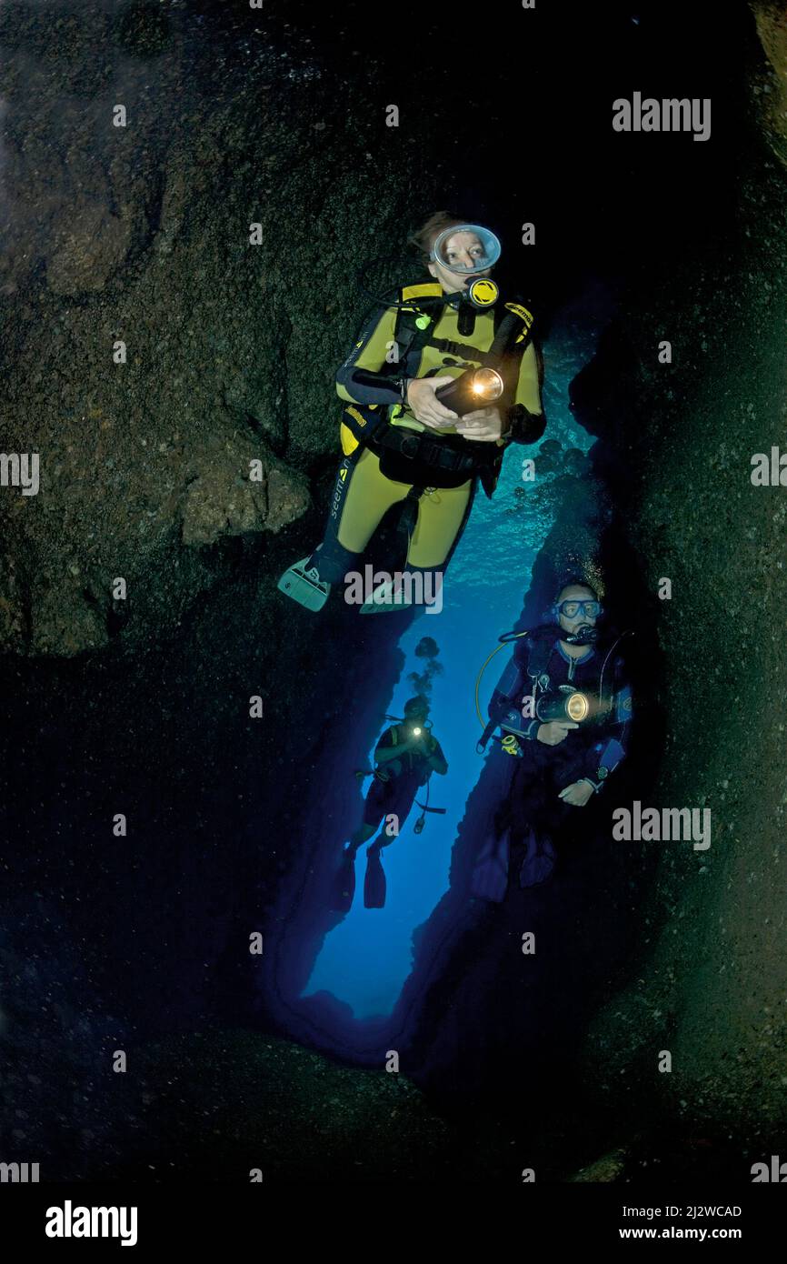 Scuba diver in a underwater cave, Adrasan, Lykia, Turkey, Mediteranean sea Stock Photo