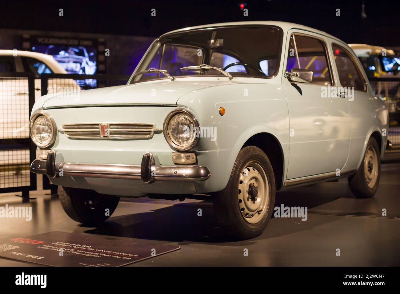 Torino, Italy - August 14, 2021: 1969 Fiat 850 S showcased at the National Automobile Museum (MAUTO) in Torino, Italy. Stock Photo