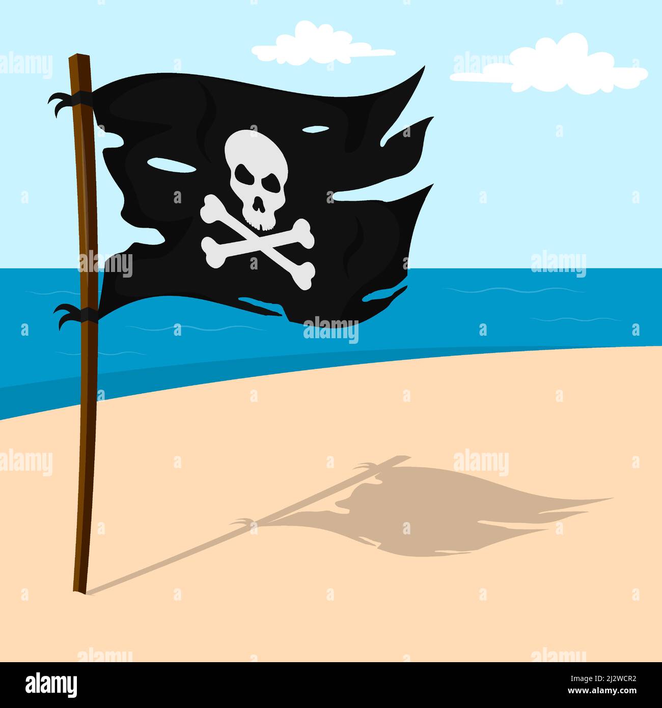 Pirate black flag with crossbones and skull on shore of sandy island ...