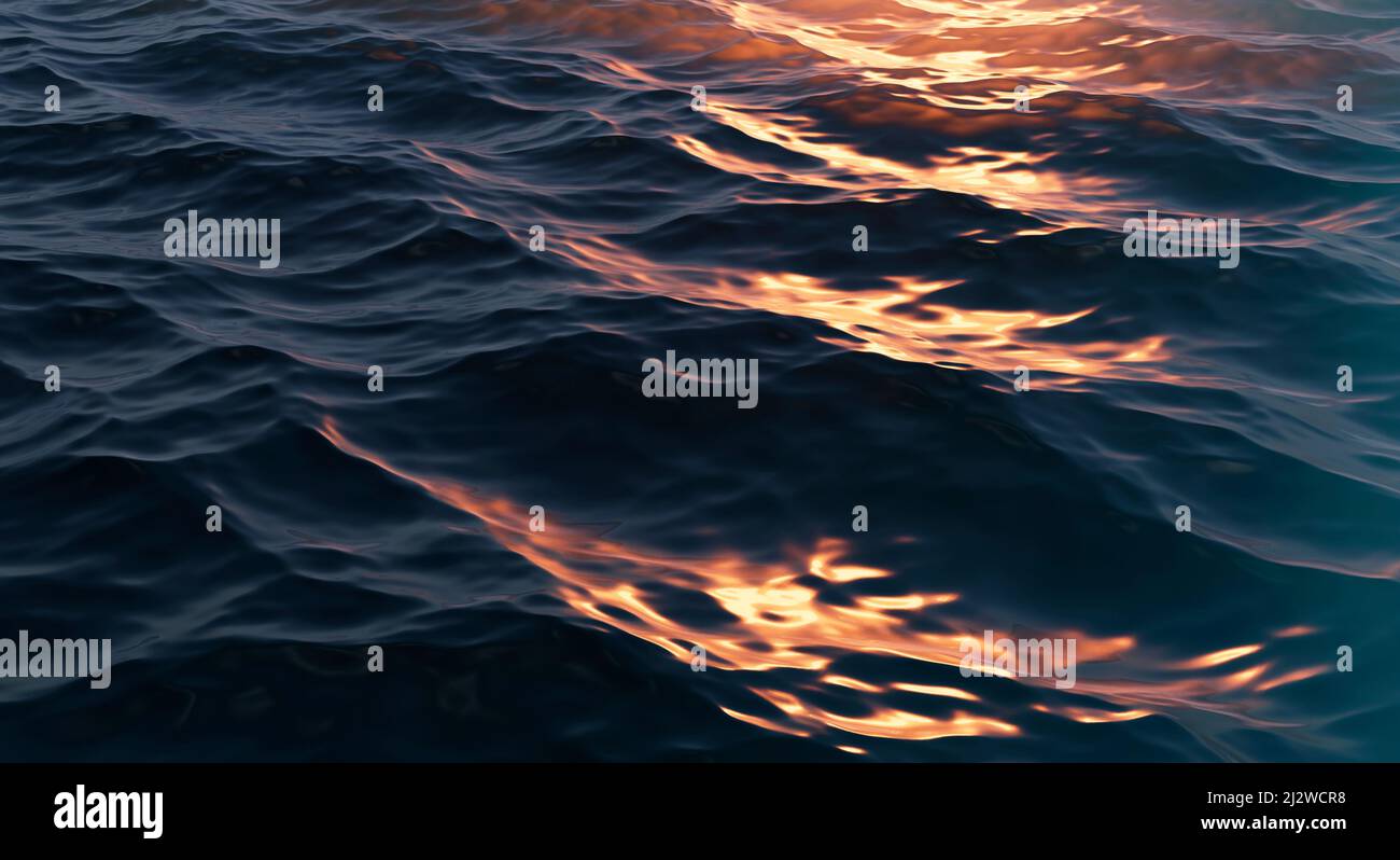 Sun Glare on the Dark Water Surface. Abstract Background. 3D illustration Stock Photo