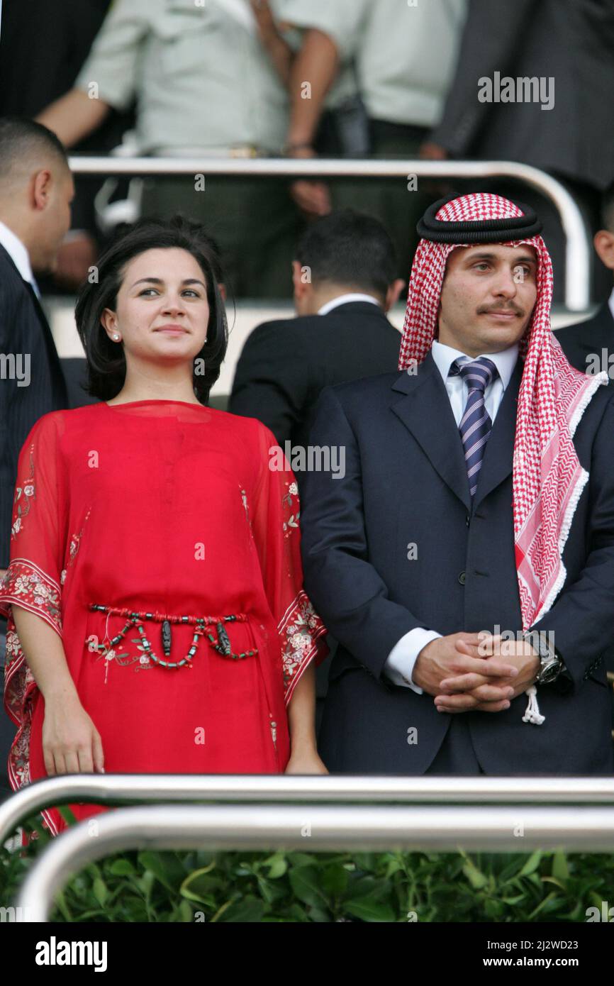 File photo - Prince Hamza Bin Al Hussein and his wife Princess Noor Hamza  seen in the Amman stadium, in Amman, Jordan, on the 10th anniversary of  King Abdullah's crowning, on June