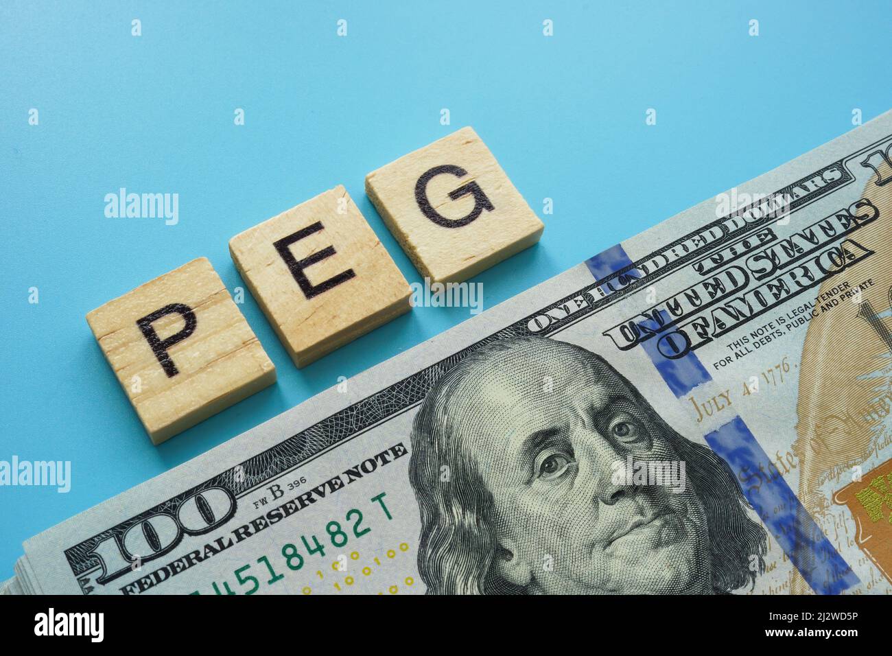 PEG price to earnings to growth ratio from letters near money. Stock Photo