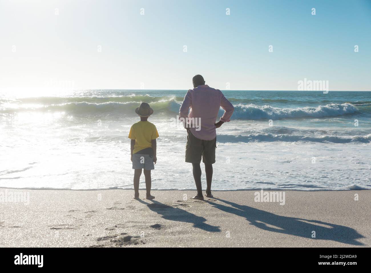 Rear view of african american grandfather and grandchild standing at beach with copy space on sky Stock Photo