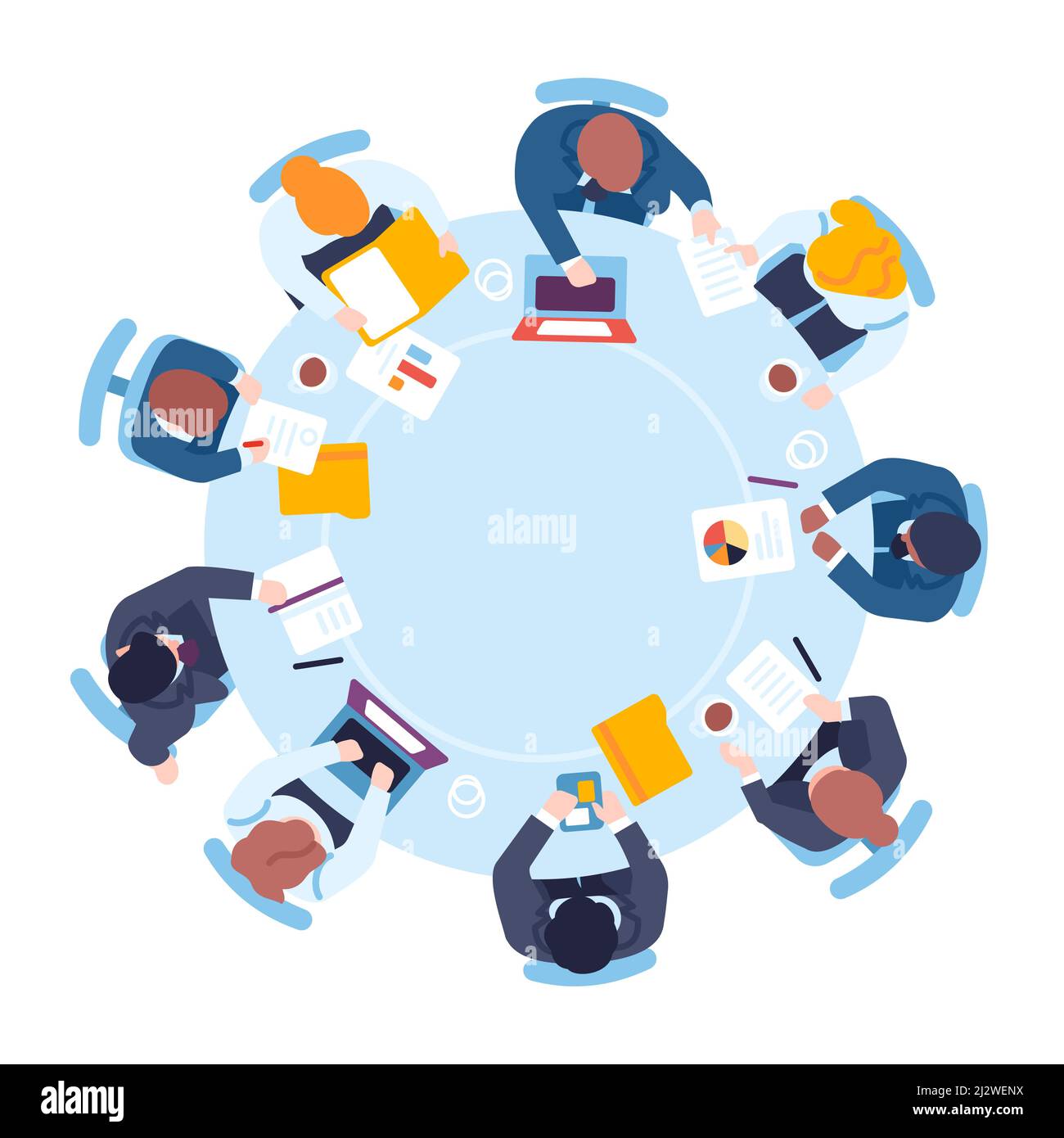 Business people sit at round table top view. Expert meeting. Conference