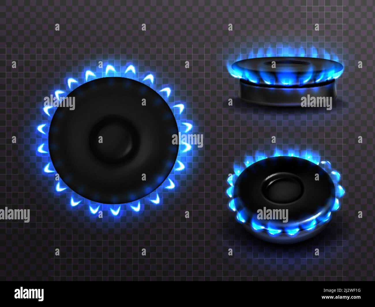 Burning gas stove with blue flame top and side view. Kitchen burner