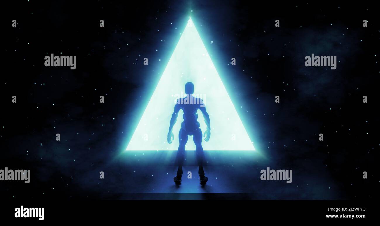 Abstract minimal background. Blue triangular glowing Portal. Silhouette of robot standing in front of futuristic architectural entrance. Fantasy cosmi Stock Photo