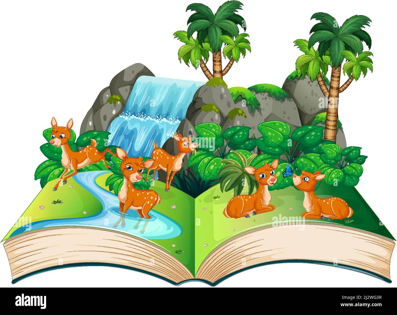 Book with scene of deers sitting by the river illustration Stock Vector ...