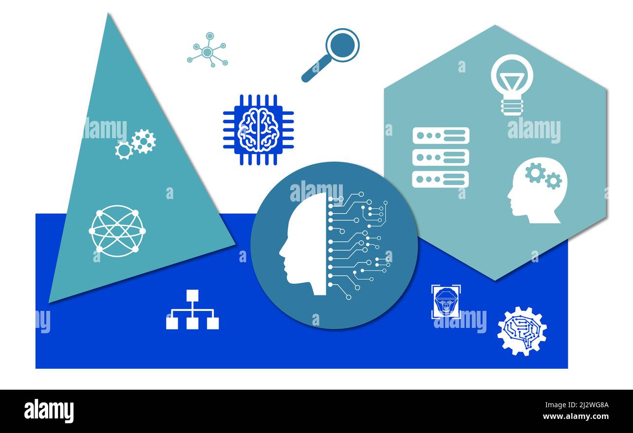 Concept of machine learning with icons on geometric shapes background ...