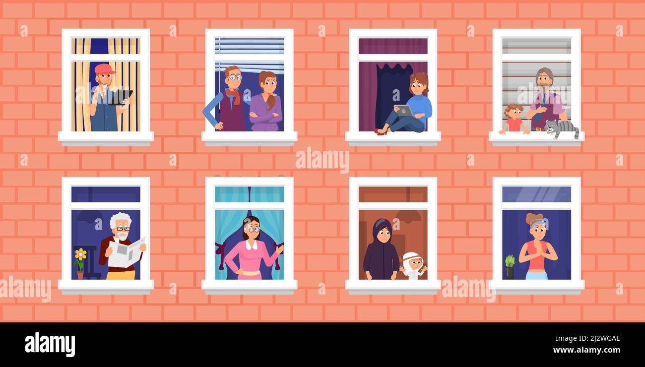 People in windows. Home community and neighbors, friends living in apartment. Person look outside, woman read on windowsill. Neighborhood decent Stock Vector