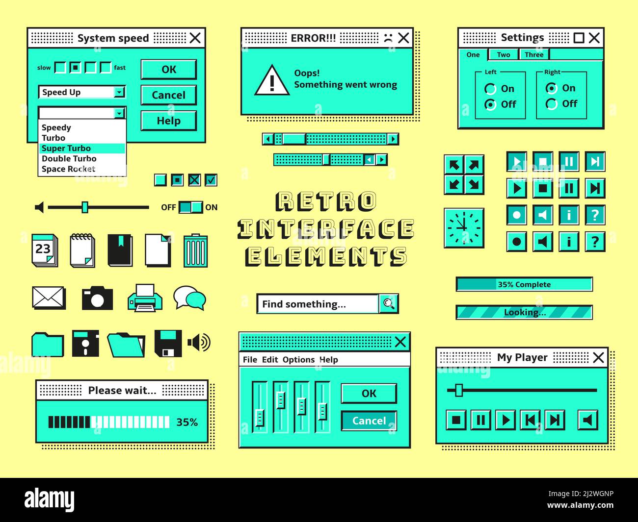 Old pc elements. 1990s technology, computer graphics interface console. Vintage internet bar style, retro 80s trendy geek web window tidy vector Stock Vector