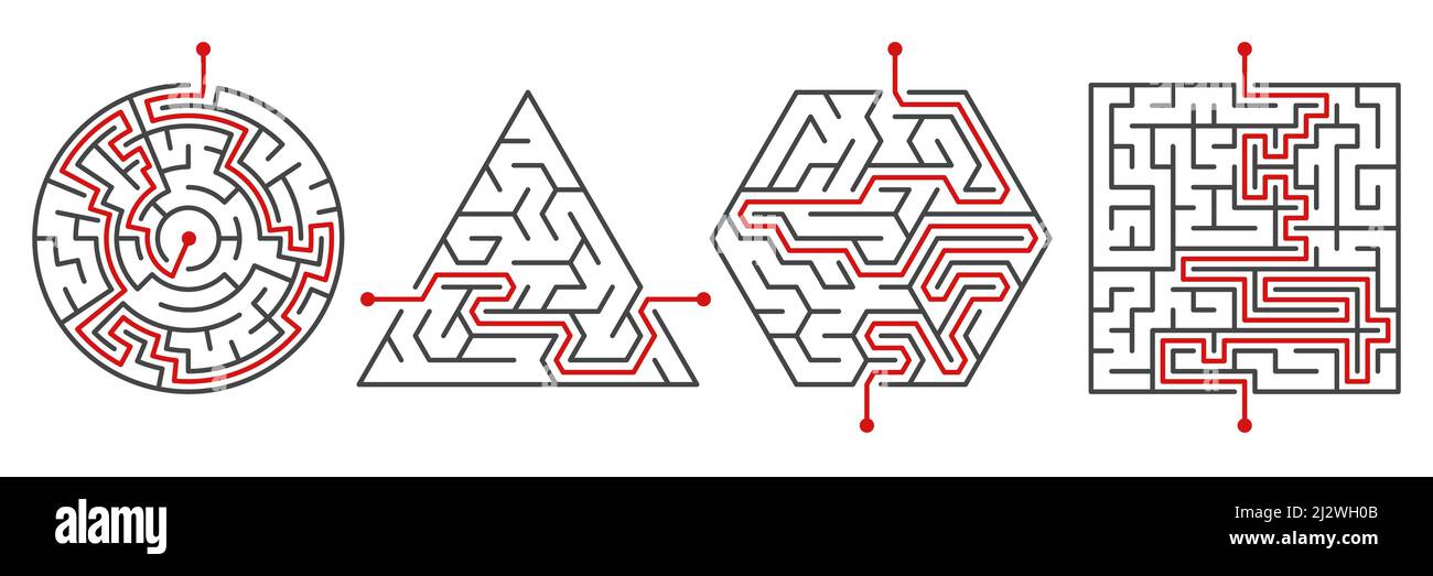 Maze ways. Red line pathfinding. Kids educational labyrinth games. Different shapes puzzles