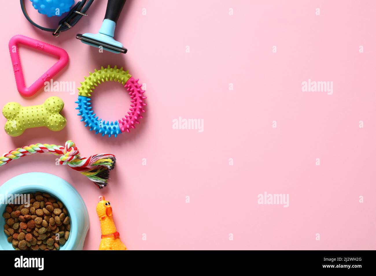 Pet store banner template. Flat lay pet accessories and toys on pink background. Top view with copy space. Stock Photo