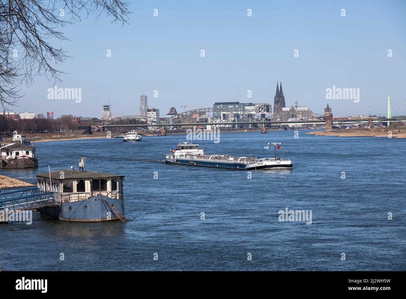 view from the district Rodenkirchen to the city, the Rheinau harbor and the cathedral, boathouse, river Rhine, Cologne, Germany. Blick vom Stadtteil R Stock Photo