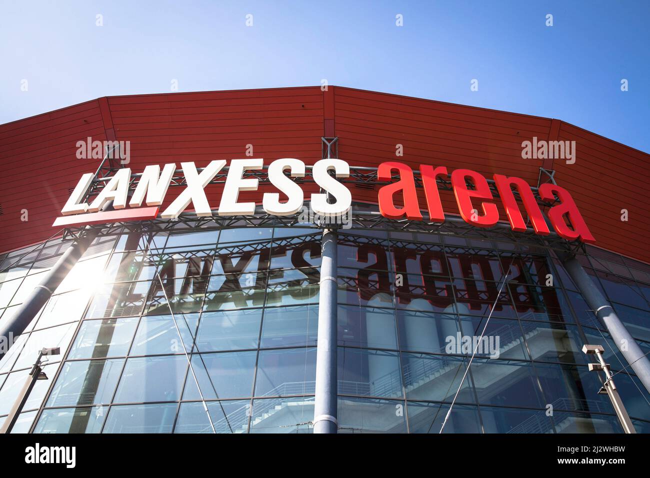 the Lanxess Arena in the town district Deutz, Cologne, Germany. die Lanxess Arena im Stadtteil Deutz, Koeln, Deutschland. Stock Photo
