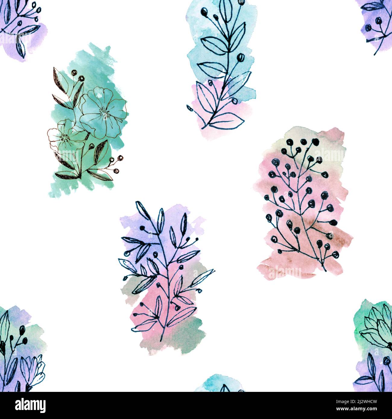 Seamless Hand Illustration Black outline florals with multicolour Watercolour wash Stock Photo