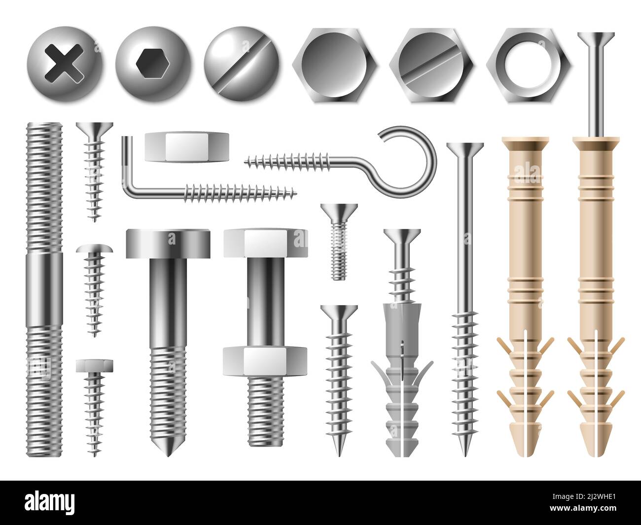 Realistic steel nut. Metal 3D fasteners. Different types bolts and self